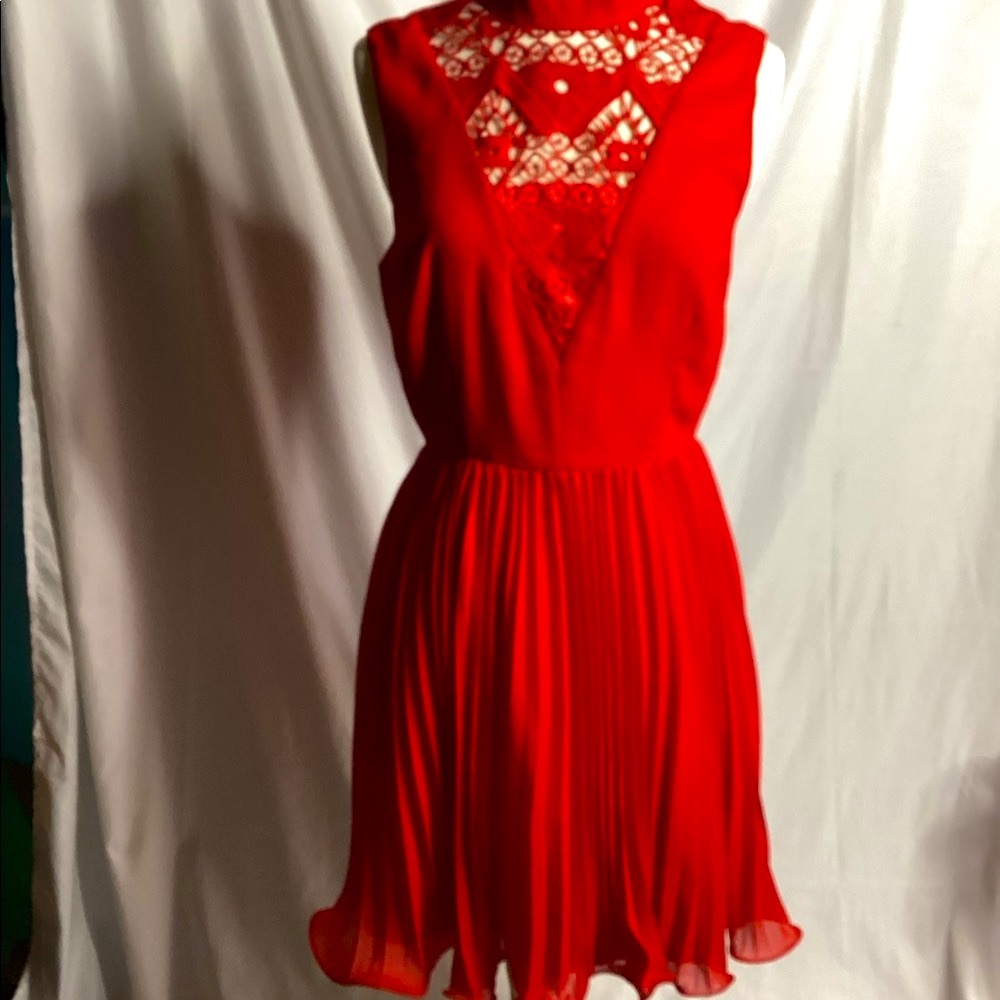 RED cocktail ASOS dress with lace detail and flounce